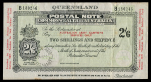 QUEENSLAND: Revenues: POSTAL NOTE: 1945 use at Brisbane of Commonwealth of Australia 2/6d note inscibed 'QUEENSLAND' at top, 'AUSTRALIAN ARMY CANTEENS SERVICES ONLY' in red on the payline, endorsed "Provided by Listeners through Broadcasting/Station 4BH "Smokes for Sick Soldiers" Fund on left and right edges; light vertical folds & some trivial aging; Elsmore Online Cat. $250. Scarce.
