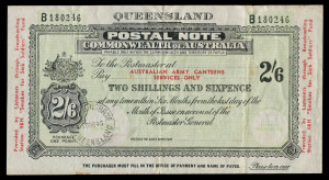 QUEENSLAND: Revenues: POSTAL NOTE: 1945 use at Brisbane of Commonwealth of Australia 2/6d note inscibed 'QUEENSLAND' at top, 'AUSTRALIAN ARMY CANTEENS SERVICES ONLY' in red on the payline, endorsed "Provided by Listeners through Broadcasting/Station 4BH 