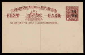 AUSTRALIA: Postal Stationery: Postal Cards: 1923 'ONE/PENNY' on 1½d Red-Brown (#P52), fine unused overall, BW:P58 - Cat. $500.