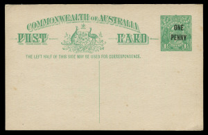 AUSTRALIA: Postal Stationery: Postal Cards: 1923 'ONE/PENNY' on 1½d Emerald-Green (#P53), some light spotting, otherwise fine unused BW:P59 - Cat. $500.