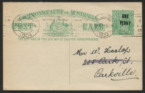 AUSTRALIA: Postal Stationery: Postal Cards: 1923 'ONE/PENNY' on 1½d Emerald-Green (#P53), MELBOURNE '18SE/1924' machine cancel, used locally to Parkville, BW:P59 - Cat. $200.