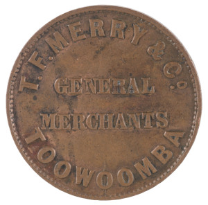 Coins & Banknotes: Trade Tokens TOKENS: Australian Colonial predominantly 1d token selection, mostly from QUEENSLAND: with Brookes (ironmongers, Brisbane), TH Jones (ironmongers, Ipswich) Larcombe & Co (drapers, Brisbane), Merry & Bush (merchants, Qld), T.F. Merry (merchants, Toowoomba) 1d and ½d (very scarce), D.T. Mulligan (storekeeper, Rockhampton), John Pettigrew & Co ½d (2; wholesalers, Ipswich) J. Sawyer (2, tobacconist, Brisbane), Stewart & Hemmant