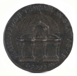Medallions & Badges: ITALY:c.1454 bronze foundation medal by medallist Matteo de' Pasti cast to commemorate the remodelling of the exterior shell and facade of the 13th century Church of San Francesco at Rimini (verso), obverse with relief portrait of nobleman Sigismondo Malatesta, in armour with laurel wreath, commander of the Venetian forces in the 1465 campaign against the Ottoman Empire; diameter 40mm, weight 46.70gr; F/VF.