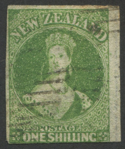 NEW ZEALAND: 1862-64 (SG.45) Wmk Large Star 1/- yellow-green, slight staining on upper edge, largely complete margins (just touching at base), wide margin at right, Cat. £350.