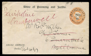 VICTORIA - Postmarks: JEETHO VALLEY: super complete strike of 'JEETHO VALLEY/OC28/97/VICTORIA' datestamp on 1d Stationery Envelope for Shire of Poowong and Jeetho, addressed to Queens Walk, Melbourne redirected to Camberwell with appropriate backstamps.
