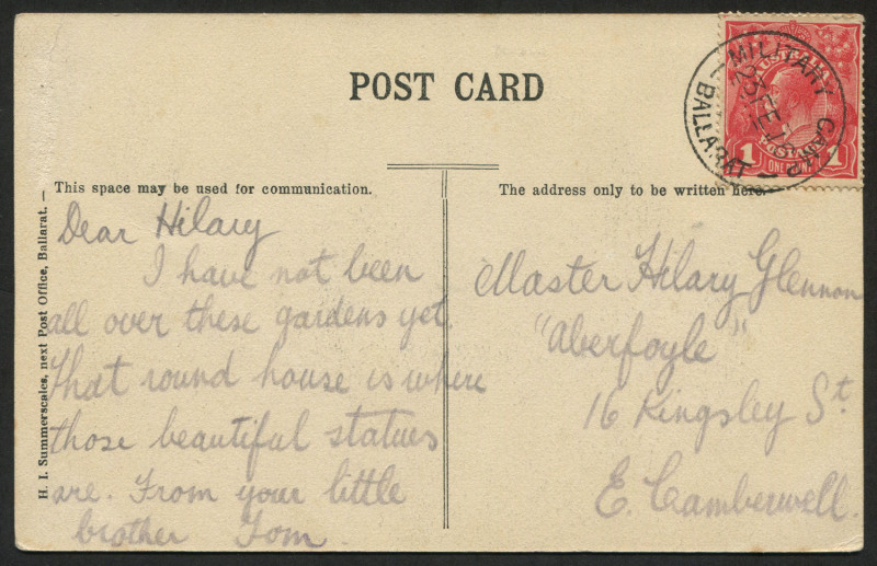 VICTORIA - Postmarks: BALLARAT (MILITARY CAMP): superb strike of 'MILITARY CAMP/23FE16/BALLARAT' tying KGV 1d red to postcard (view Botanical Gardens, Ballarat), addressed to Camberwell, Melbourne; WWW #10, Rated 2R.