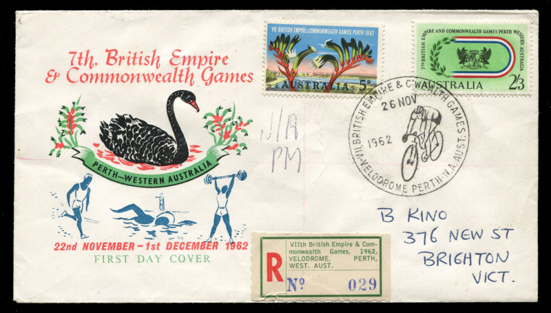 AUSTRALIA: First Day & Commemorative Covers: 1962 BRITISH EMPIRE & COMMONWEALTH GAMES: Velodrome registered cover with 5d & 2/3d Games tied by Cycling 'VELODROME PERTH/26NOV/1962' pictorial datestamp (another fine strike verso), red/green registration la