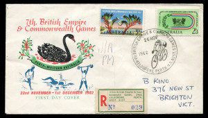 AUSTRALIA: First Day & Commemorative Covers: 1962 BRITISH EMPIRE & COMMONWEALTH GAMES: Velodrome registered cover with 5d & 2/3d Games tied by Cycling 'VELODROME PERTH/26NOV/1962' pictorial datestamp (another fine strike verso), red/green registration label numbered '029' in blue. Only 29 registered covers were serviced at this venue.