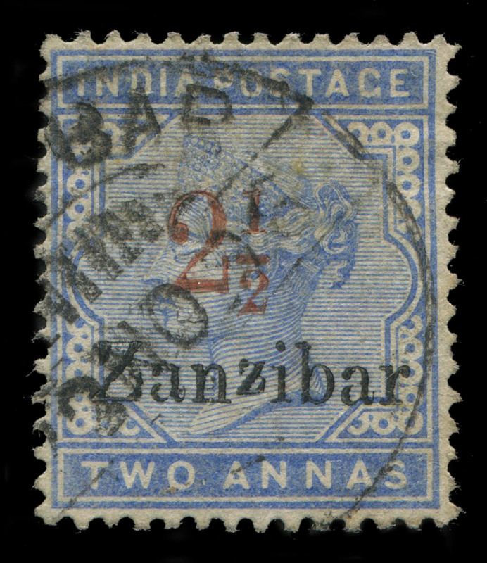 ZANZIBAR: 1895-98 (SG.27) Provisionals '2½' on 2a pale blue (Type 7) with Type D overprint variety "Small second 'z'", fine used, Cat. £110 as a normal stamp.