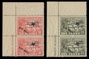 NEW GUINEA: 1931 (SG.148-49) Huts Airs 10/- & £1 upper-left marginal corner pairs, the upper unit in each pair with overprint variety "Short 'I' in 'MAIL', some storage-related tone banding on gum, lower unit of 10/- pair MUH.