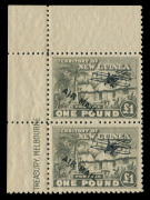 NEW GUINEA: 1931 (SG.148-49) Huts Airs 10/- & &pound;1 upper-left marginal corner pairs, the upper unit in each pair with overprint variety "Short 'I' in 'MAIL', some storage-related tone banding on gum, lower unit of 10/- pair MUH. - 2