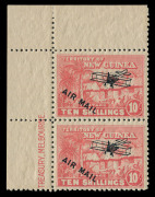 NEW GUINEA: 1931 (SG.148-49) Huts Airs 10/- & £1 upper-left marginal corner pairs, the upper unit in each pair with overprint variety "Short 'I' in 'MAIL', some storage-related tone banding on gum, lower unit of 10/- pair MUH. - 3