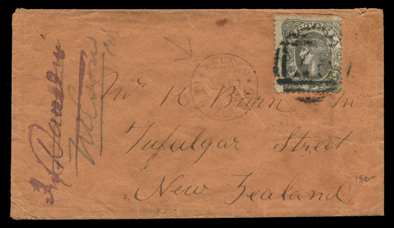 VICTORIA - Postal History: 1865 (Sept.11) small cover to New Zealand with 6d Adapted Design tied by BN '97' of Beaufort, town of destination missing from address, so sent to Trafalgar St, Nelson (fine NELSON datestamp on face) before re-direction to inte