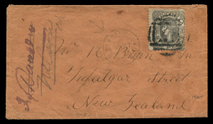 VICTORIA - Postal History: 1865 (Sept.11) small cover to New Zealand with 6d Adapted Design tied by BN '97' of Beaufort, town of destination missing from address, so sent to Trafalgar St, Nelson (fine NELSON datestamp on face) before re-direction to intended destination of Trafalgar St, Dunedin; BEAUFORT, MELBOURNE & DUNEDIN (arrival) backstamps.