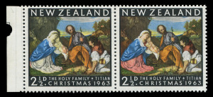 NEW ZEALAND: 1963 (SG.817) Christmas 2½d "The Holy Family" dramatic error "Red colour largely omitted" (Madonna's dress, background colour at left), being the left-hand unit of a marginal pair, MUH, Campbell Paterson SC4a(X) - unpriced.