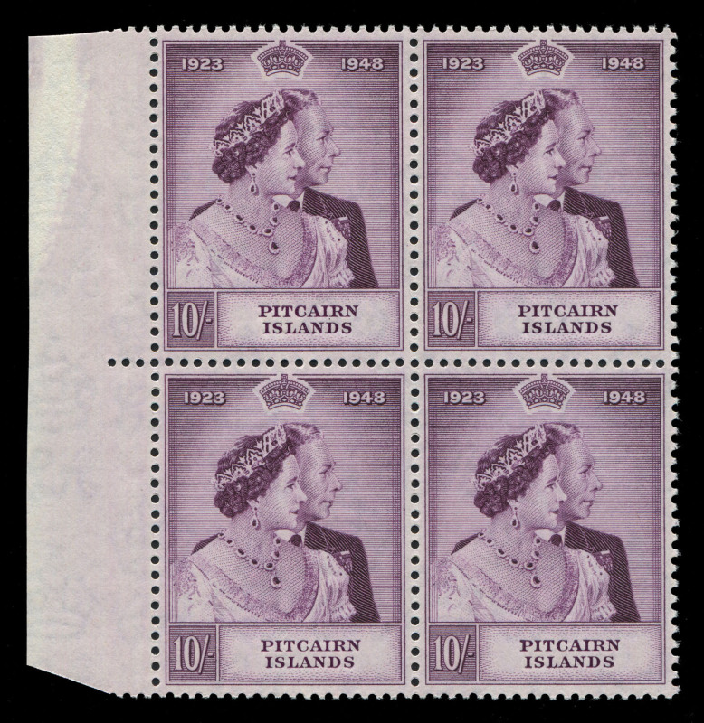 PITCAIRN ISLANDS: 1949 (SG.11-12) Silver Wedding 1½d & 10/- in marginal blocks of 4, lower value with storage-related tone banding, MUH, Cat £160+.