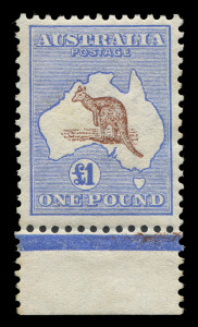 AUSTRALIA: Kangaroos - First Watermark: £1 Brown & Blue marginal example from base of the sheet, rich colours and full perfs, MUH. BW:51A - Cat. $17,500. Connoisseur quality.