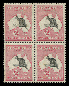 AUSTRALIA: Kangaroos - First Watermark: £2 Black & Rose block of 4, few light tones on gum, well centred, strong colour, lightly mounted. BW:55A - Cat. $50,000+. Extremely rare multiple. It is likely that only three blocks of 4 exist in private hands, of which this is believed to be the finest. There were no blocks of four in the Arthur Gray, Stuart Hardy or Hugh Morgan collections.