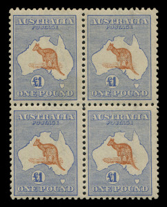 AUSTRALIA: Kangaroos - Third Watermark: £1 Chestnut & Blue block of 4, uniform gum toning, upper units MVLH, lower units MUH, BW:52B - Cat $43,000+. Rare and desirable multiple. Stuart Hardy's similar block of 4, sold for $20,000 in May 2013.
