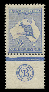 AUSTRALIA: Kangaroos - First Watermark: 6d Blue Plate 2 'JBC' Monogram single, well centred, fine and fresh with the lightest of hinge traces. BW:17(2)zc - Cat $4500.