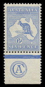 AUSTRALIA: Kangaroos - First Watermark: 6d Blue Plate 2 'CA' Monogram single, superb MUH. BW:17(2)za - Cat $4500 as a hinged mint single; unpriced unmounted.