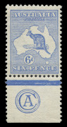 AUSTRALIA: Kangaroos - First Watermark: 6d Blue Plate 2 'CA' Monogram single, superb MUH. BW:17(2)za - Cat $4500 as a hinged mint single; unpriced unmounted.