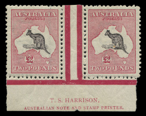 AUSTRALIA: Kangaroos - Third Watermark: £2 Purple-Black & Rose Harrison imprint pair, well centred, lightly mounted in central gutter only, stamps MUH. BW:56C - Cat. $35,000 (for a mounted pair; unpriced MUH). Enzo Diena Certificate (1991).