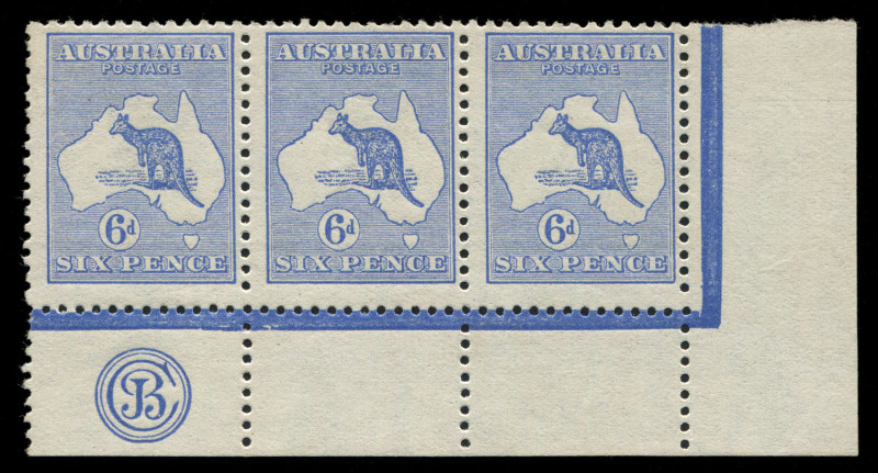 AUSTRALIA: Kangaroos - First Watermark: 6d Blue Plate 2 'JBC' Monogram corner strip of 3 from the right pane, centre unit MLH, outer stamps including the monogram unit are MUH. Fine and fresh example of a rare monogram multiple. BW:17(2)zb - Cat $10,000.