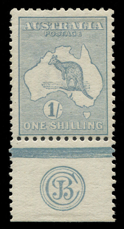 AUSTRALIA: Kangaroos - First Watermark: 1/- Blue-Green Plate 2 'JBC' Monogram single, well centred, fine mint. BW:30(2)zc - Cat. $4,500.