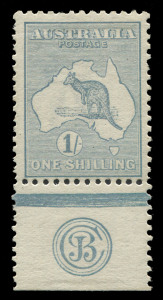AUSTRALIA: Kangaroos - First Watermark: 1/- Blue-Green Plate 2 'JBC' Monogram single, well centred, fine mint. BW:30(2)zc - Cat. $4,500.