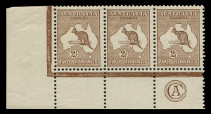 AUSTRALIA: Kangaroos - First Watermark: 2/- Brown Plate 2, the exceptional lower-left corner 'CA' Monogram strip of 3, deep rich colour, the two left-side units MUH, BW:30(2)zc - Cat. $70,000. Ex Arthur Gray (2007) & Julian Sterling (2014). The sole 'CA' Monogram strip in private hands, the only other example being in the Royal Collection. One of the key monogram multiples of the First Watermark Kangaroos series.