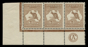 AUSTRALIA: Kangaroos - First Watermark: 2/- Brown Plate 2, the exceptional lower-left corner 'CA' Monogram strip of 3, deep rich colour, the two left-side units MUH, BW:30(2)zc - Cat. $70,000. Ex Arthur Gray (2007) & Julian Sterling (2014). The sole 'CA'