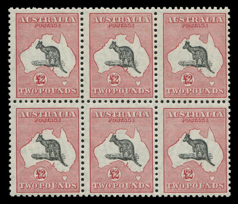 AUSTRALIA: Kangaroos - Small Multiple Watermark: £2 Black & Rose block of 6 [L15-17, L21-23] with varities "White Flaw in Bight", "Short Spencer's Gulf" & Hunch-backed Roo [L17] and "Notch in kangaroo's snout" [L23], fresh MUH. BW:57A - Cat. $120,000++.