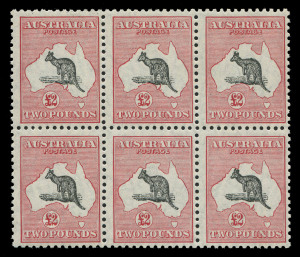 AUSTRALIA: Kangaroos - Small Multiple Watermark: £2 Black & Rose block of 6 [L15-17, L21-23] with varities "White Flaw in Bight", "Short Spencer's Gulf" & Hunch-backed Roo [L17] and "Notch in kangaroo's snout" [L23], fresh MUH. BW:57A - Cat. $120,000++.