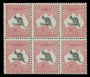 AUSTRALIA: Kangaroos - Small Multiple Watermark: £2 Black & Rose block of 6 [L15-17, L21-23] with varities "White Flaw in Bight", "Short Spencer's Gulf" & Hunch-backed Roo [L17] and "Notch in kangaroo's snout" [L23], fresh MUH. BW:57A - Cat. $120,000++.