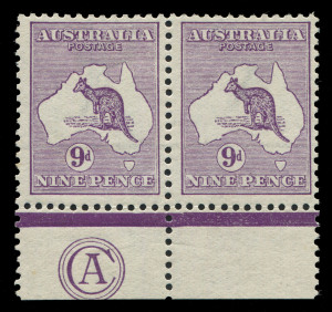 AUSTRALIA: Kangaroos - First Watermark: 9d Violet Plate 2 'CA' Monogram pair from the left pane, fresh MUH and extremely scarce thus. BW:24(2)za - Cat. $7,500 for a mounted mint single, (Cat. $17,500 for a mounted strip of 3).