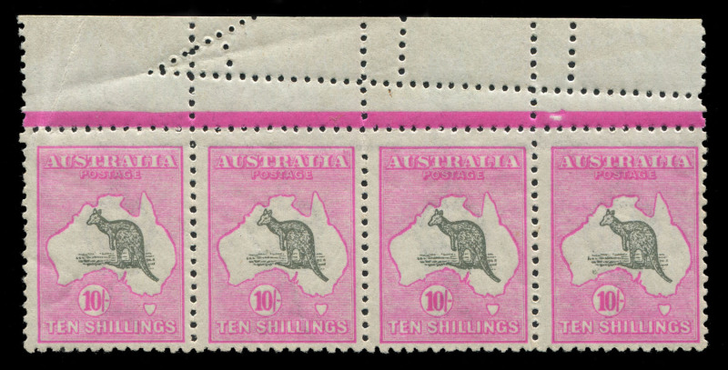 AUSTRALIA: Kangaroos - Third Watermark: 10/- Grey & Aniline Pink horizontal strip of 4 from top of the sheet exhibiting "Extensive aberrant perforations" in the sheet margin, two units MLH/MVLH, other units MUH. BW:48B - Cat. $7,500++. The right-hand adj