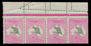 AUSTRALIA: Kangaroos - Third Watermark: 10/- Grey & Aniline Pink horizontal strip of 4 from top of the sheet exhibiting "Extensive aberrant perforations" in the sheet margin, two units MLH/MVLH, other units MUH. BW:48B - Cat. $7,500++. The right-hand adj