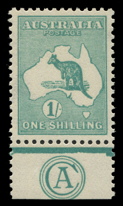 1/- Bright Blue-Green Plate 1 'CA' Monogram single, excellent centring, superb MUH. BW:31(2)za - Cat $9,000 as a hinged mint single; unpriced unmounted. Magnificent!