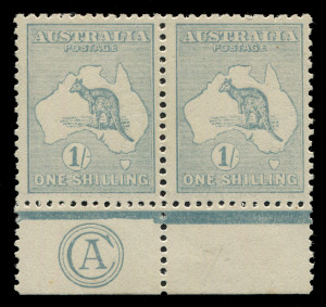 AUSTRALIA: Kangaroos - Third Watermark: 1/- Sea-Green Die II (dry ink) Plate 1 'CA' Monogram pair, mounted in margin only, stamps well centred MUH. BW:32F(1)za - Cat $3,250 as a hinged mint single in one of the commoner shades; unpriced unmounted neither in this rare shade, nor as a pair. Ex Arthur Gray (2007) & Julian Sterling (2014). Ceremuga Certificate (2012) states "Very rare shade".