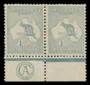 AUSTRALIA: Kangaroos - Third Watermark: 1/- Sea-Green Die II (dry ink) Plate 1 'CA' Monogram pair, mounted in margin only, stamps well centred MUH. BW:32F(1)za - Cat $3,250 as a hinged mint single in one of the commoner shades; unpriced unmounted neither