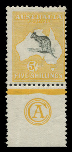 AUSTRALIA: Kangaroos - First Watermark: 5/- Grey & Chrome 'CA' Monogram single, complete monogram within huge sheet margin, faint vertical gum bend & hinge remainders, otherwise very fresh. BW:42za - Cat. $35,000+. Extremely rare mint 'CA' Monogram. Brusden White records only one example in private hands, being the ex Hugh Morgan example which sold for £15,600 (including commission) in 2012.