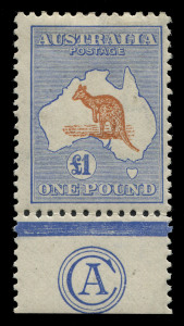 AUSTRALIA: Kangaroos - Third Watermark: £1 CHESTNUT & BRIGHT BLUE 'CA' MONOGRAM SINGLE. FINE & FRESH MINT EXAMPLE. EXTREMELY RARE. Australian Commonwealth Specialist Catalogue 2013: 52Bza - Cat. $100,000.