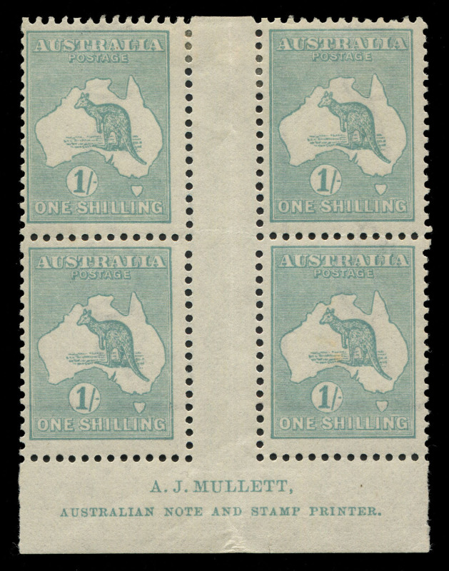 AUSTRALIA: Kangaroos - Third Watermark: 1/- Blue-Green Die IIB Mullett Imprint block of 4, lower units unmounted. BW: 33(4)zd - Cat. $1750 (as a mounted block). Ex Kevin Nelson & Hugh Morgan.