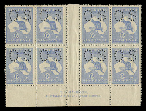 AUSTRALIA: Kangaroos - Third Watermark: 6d Bright Ultramarine perf 'OS' Die IIB Harrison Two-Line Imprint block of 8, the left-hand block having been detached with hinged rejoin, storage-related tone banding on gum, fine and fresh facial appearance. BW:20(3)z - Cat.$12,500. Rare imprint block.