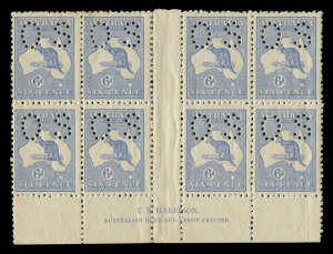 AUSTRALIA: Kangaroos - Third Watermark: 6d Bright Ultramarine perf 'OS' Die IIB Harrison Two-Line Imprint block of 8, the left-hand block having been detached with hinged rejoin, storage-related tone banding on gum, fine and fresh facial appearance. BW:2