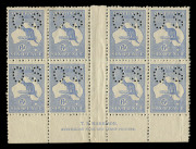 AUSTRALIA: Kangaroos - Third Watermark: 6d Bright Ultramarine perf 'OS' Die IIB Harrison Two-Line Imprint block of 8, the left-hand block having been detached with hinged rejoin, storage-related tone banding on gum, fine and fresh facial appearance. BW:2