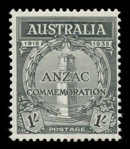 AUSTRALIA: Other Pre-Decimals: PLATE PROOF: 1/- ANZAC perf.13½x12½ Plate Proof, fresh MUH, BW: 165PP(1) - Cat. $2750 (SG Cat. £1600). Unissued. Of one sheet of 120 printed, only a part sheet survived. The issued stamp is Perf.11. 