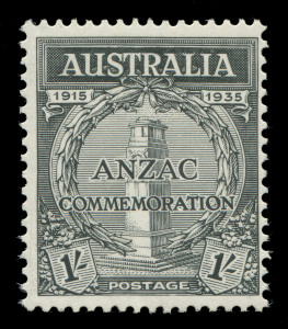 AUSTRALIA: Other Pre-Decimals: PLATE PROOF: 1/- ANZAC perf.13½x12½ Plate Proof, fresh MUH, BW: 165PP(1) - Cat. $2750 (SG Cat. £1600). Unissued. Of one sheet of 120 printed, only a part sheet survived. The issued stamp is Perf.11.
