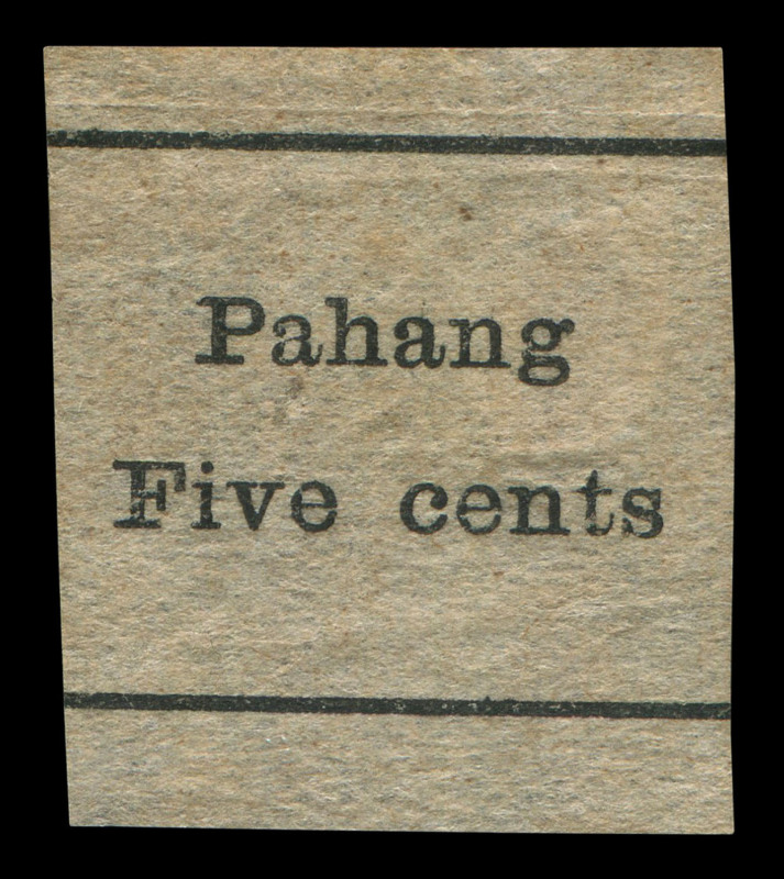 MALAYAN STATES - PAHANG: 1898 (SG.27) 5c black on plain paper, unused (without gum, as issued), Cat.£3,000. BPA Certificate (1948). British Commonwealth rarity.